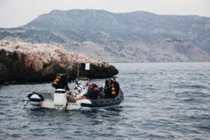 Group of diver on a inflatable boat