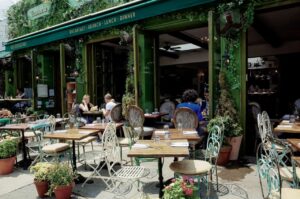 People eating outside the restaurant