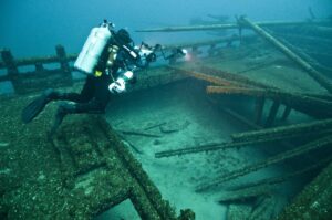 Diving a shipwreck underwater 
