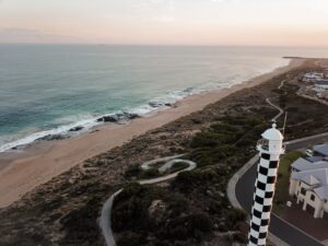 Aerial view of a white lighthouse in Bunbury Australia